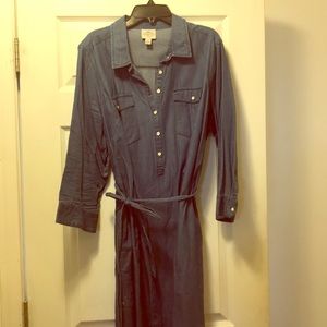 Denim dress with belt.
